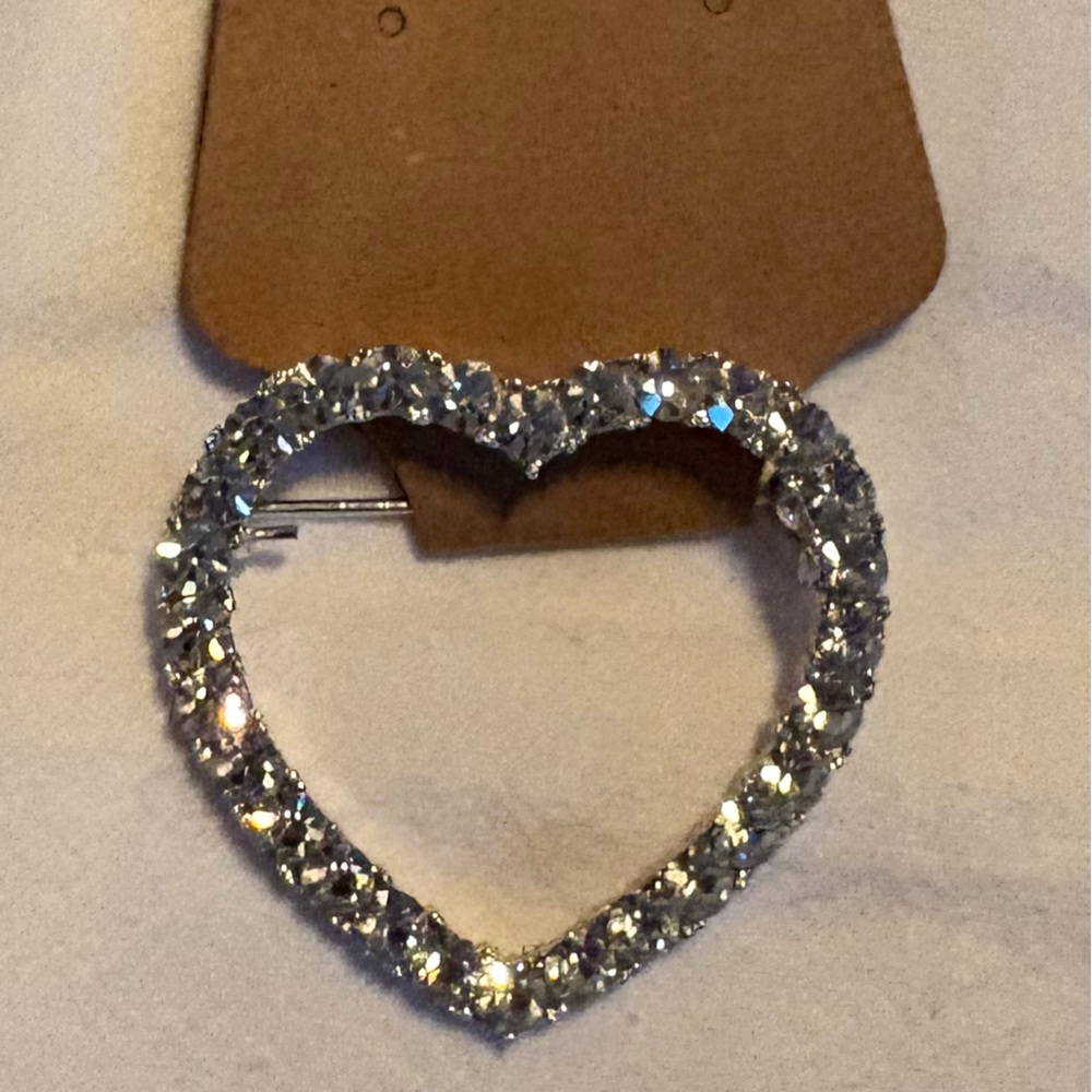 Silver Heart-Shaped Crystal Brooch